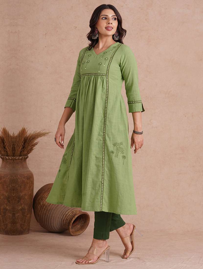 women embroidered three quarter sleeve a-line kurta  - 22092190 -  Standard Image - 2