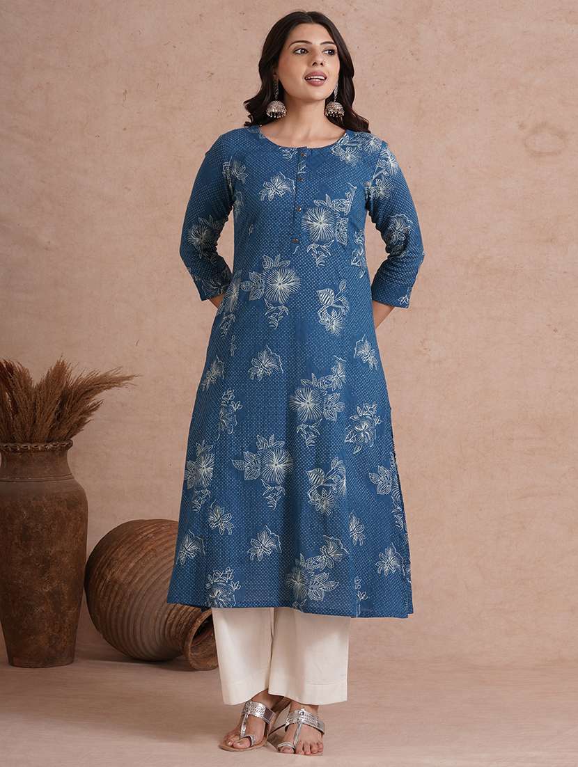 women floral printed three quarter sleeve a-line kurta 