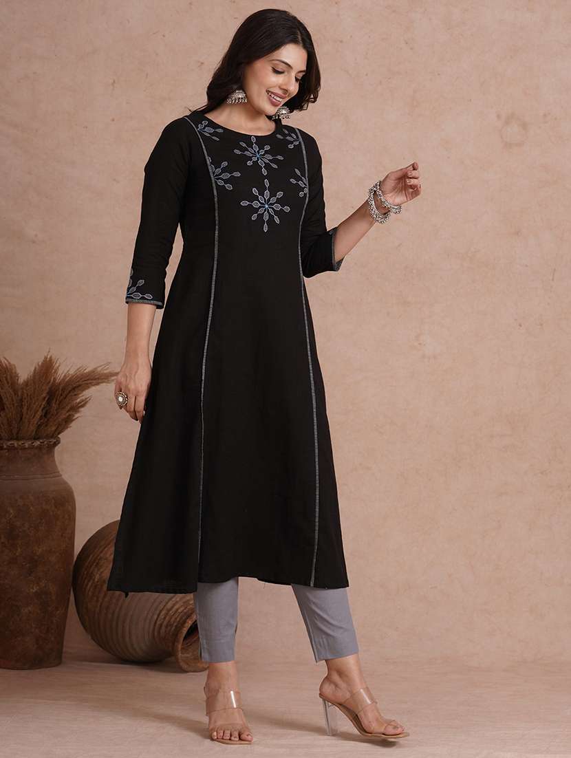 women embroidered three quarter sleeve a-line kurta  - 22092203 -  Standard Image - 2