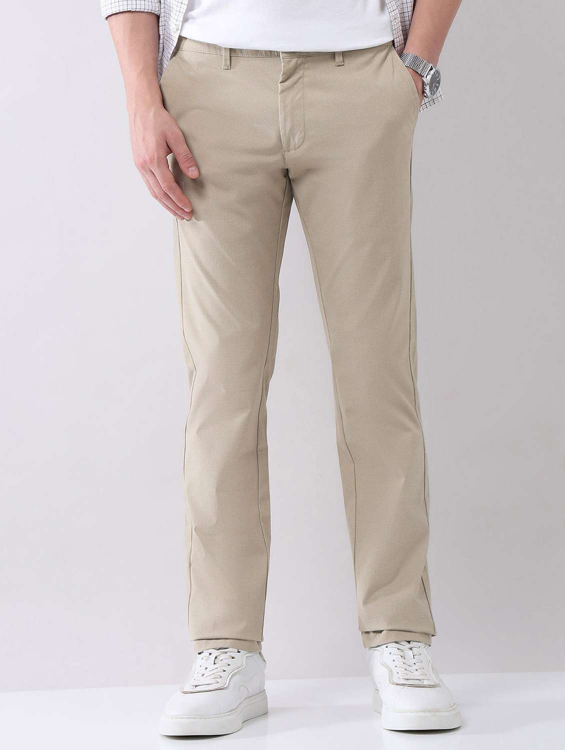 men solid mid rise flat front chinos trouser