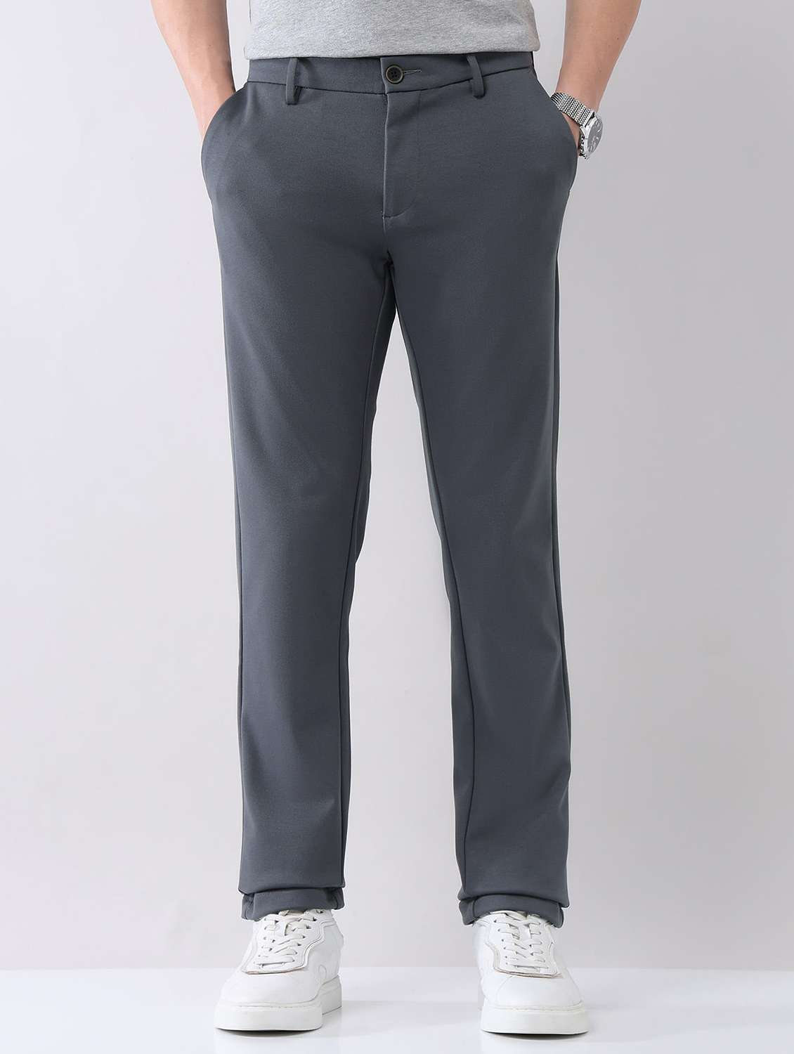 men solid mid rise flat front chinos trouser