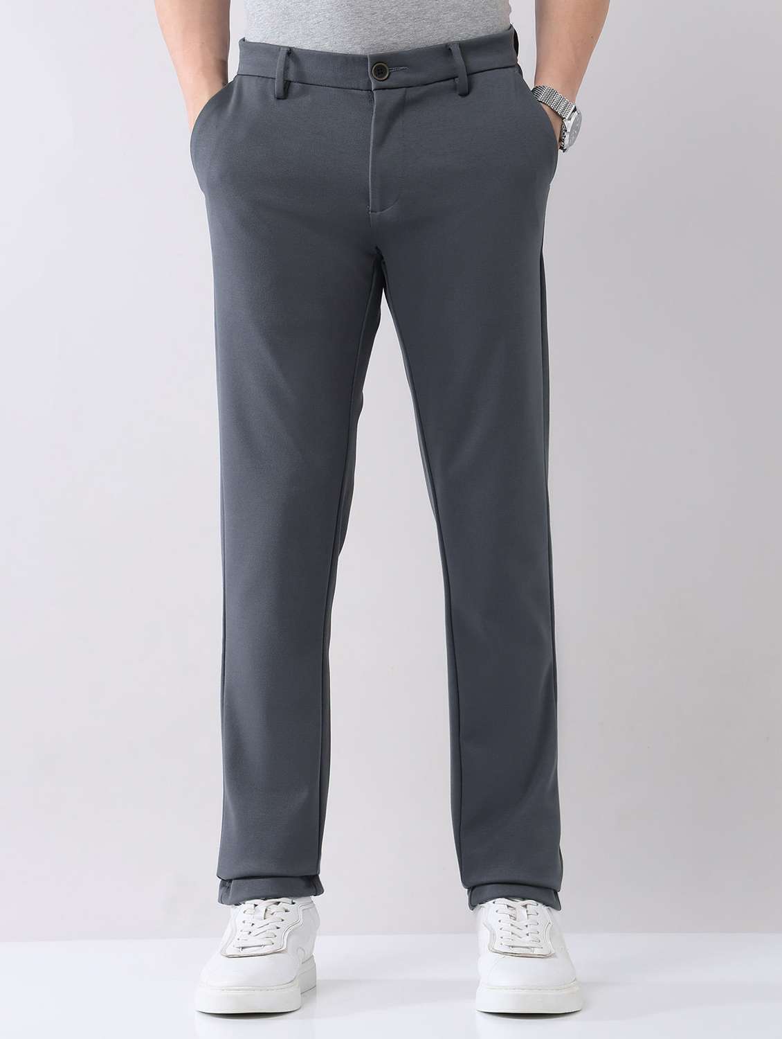 men solid mid rise flat front chinos trouser - 22092311 - Standard Image - 2