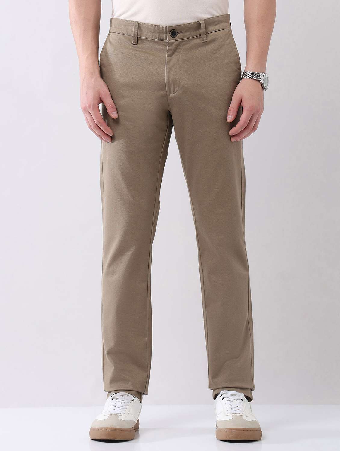 men solid mid rise flat front chinos trouser