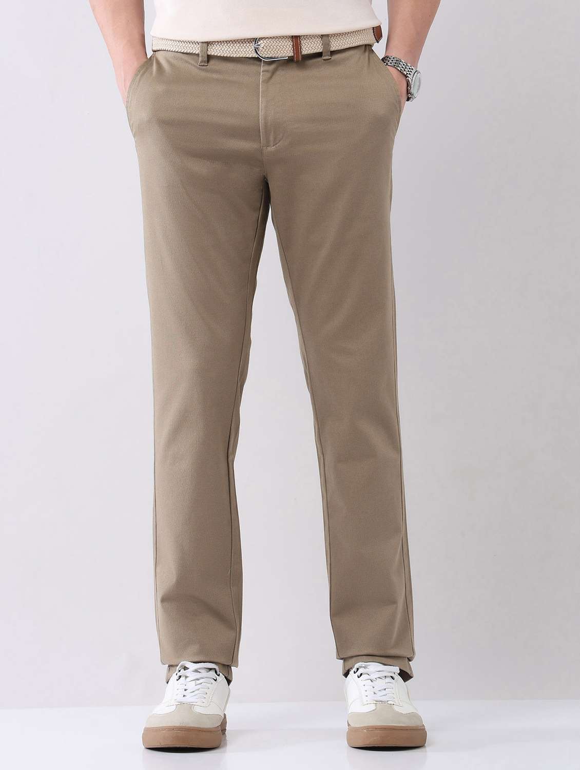 men solid mid rise flat front chinos trouser - 22092312 - Standard Image - 2