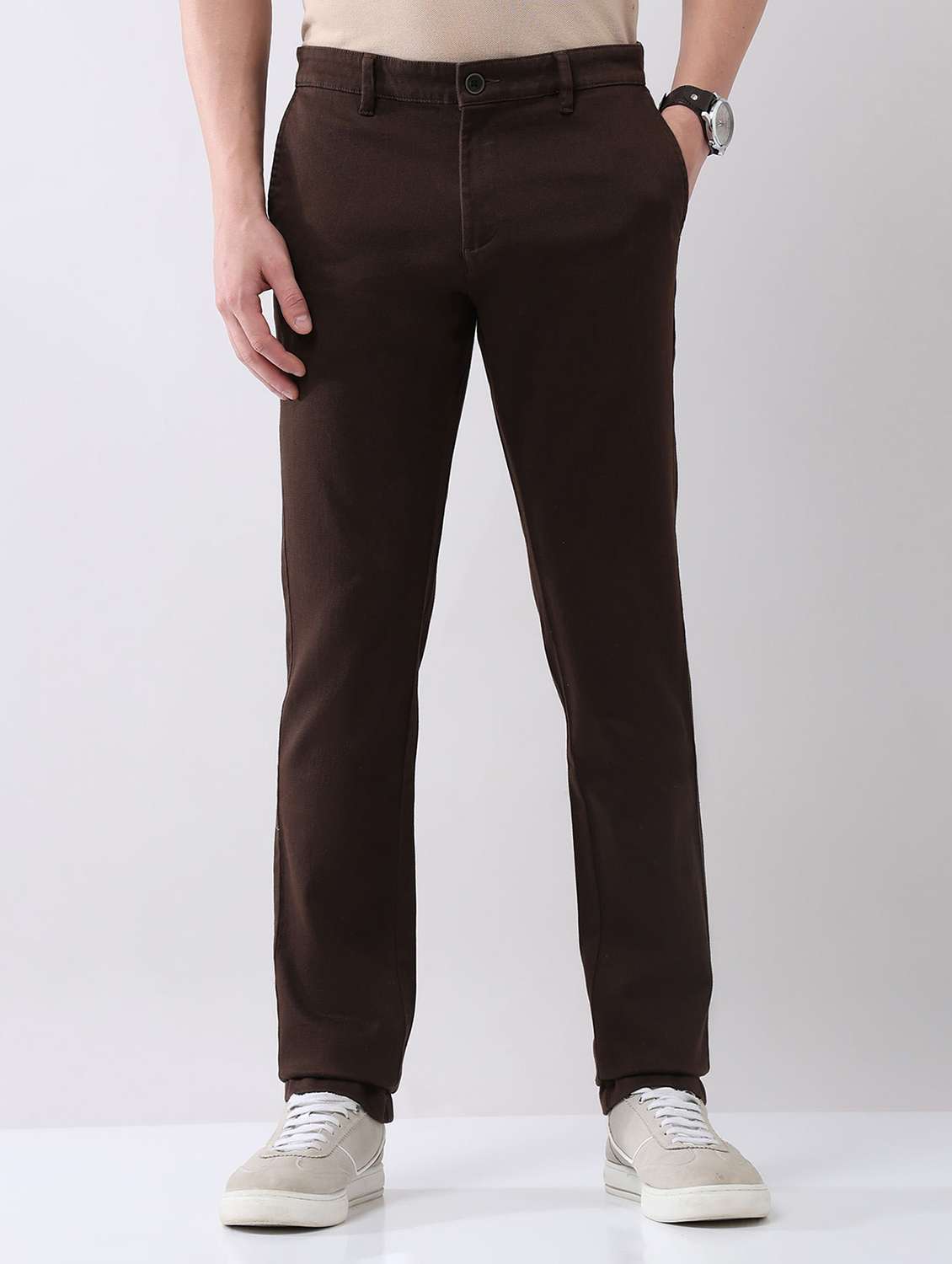 men solid mid rise flat front chinos trouser