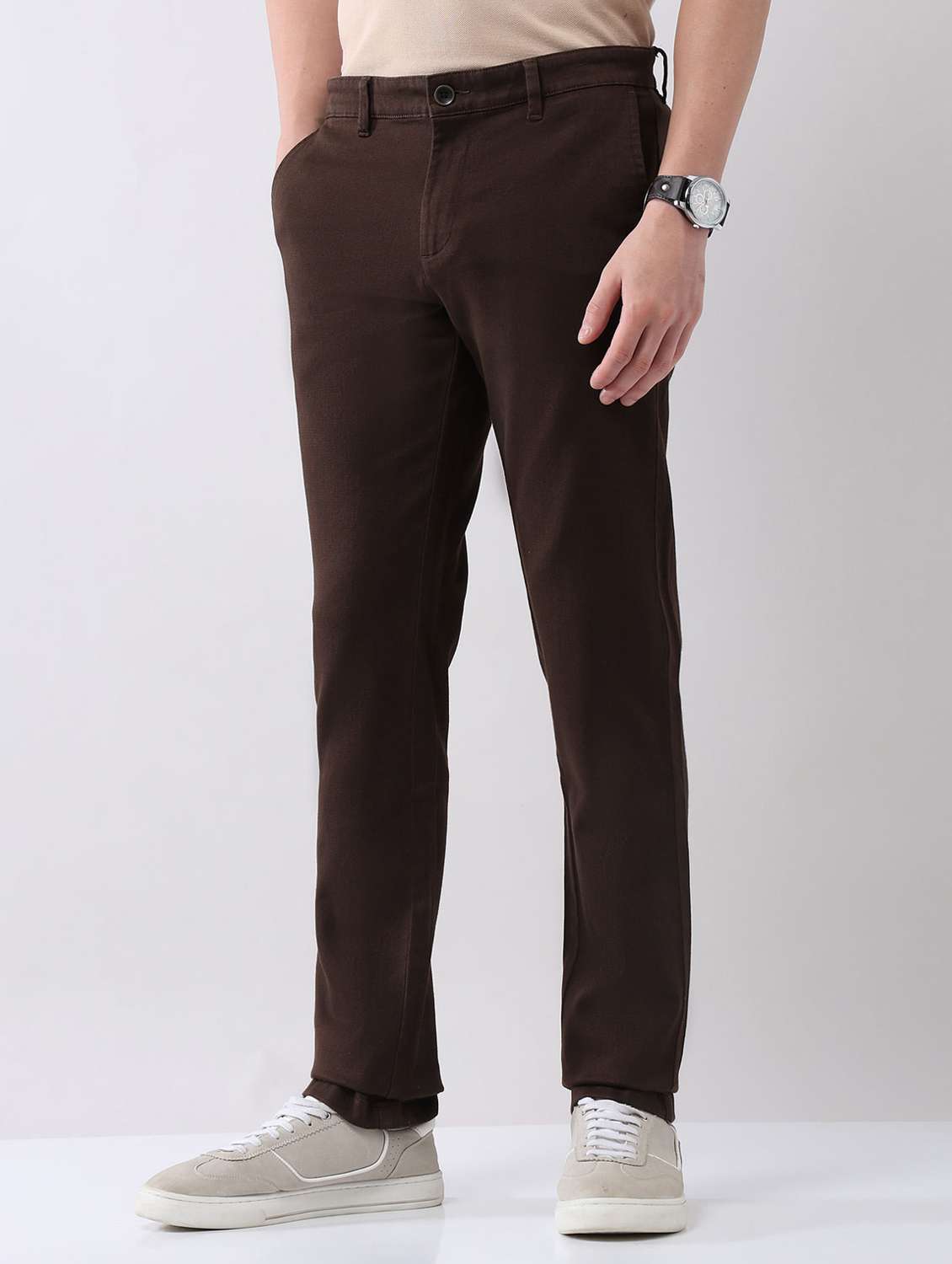 men solid mid rise flat front chinos trouser - 22092314 - Standard Image - 2