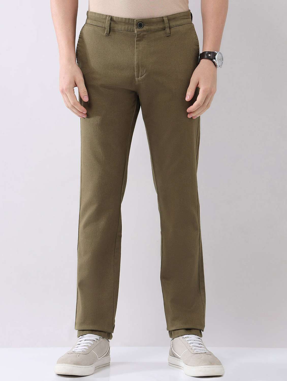 men solid mid rise flat front chinos trouser
