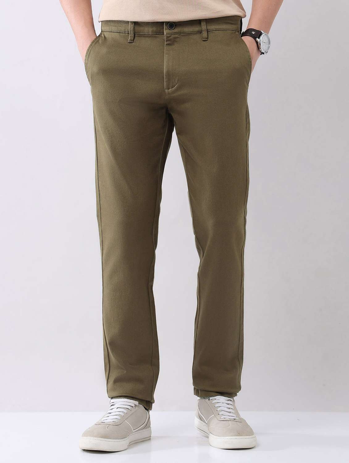 men solid mid rise flat front chinos trouser - 22092315 - Standard Image - 2