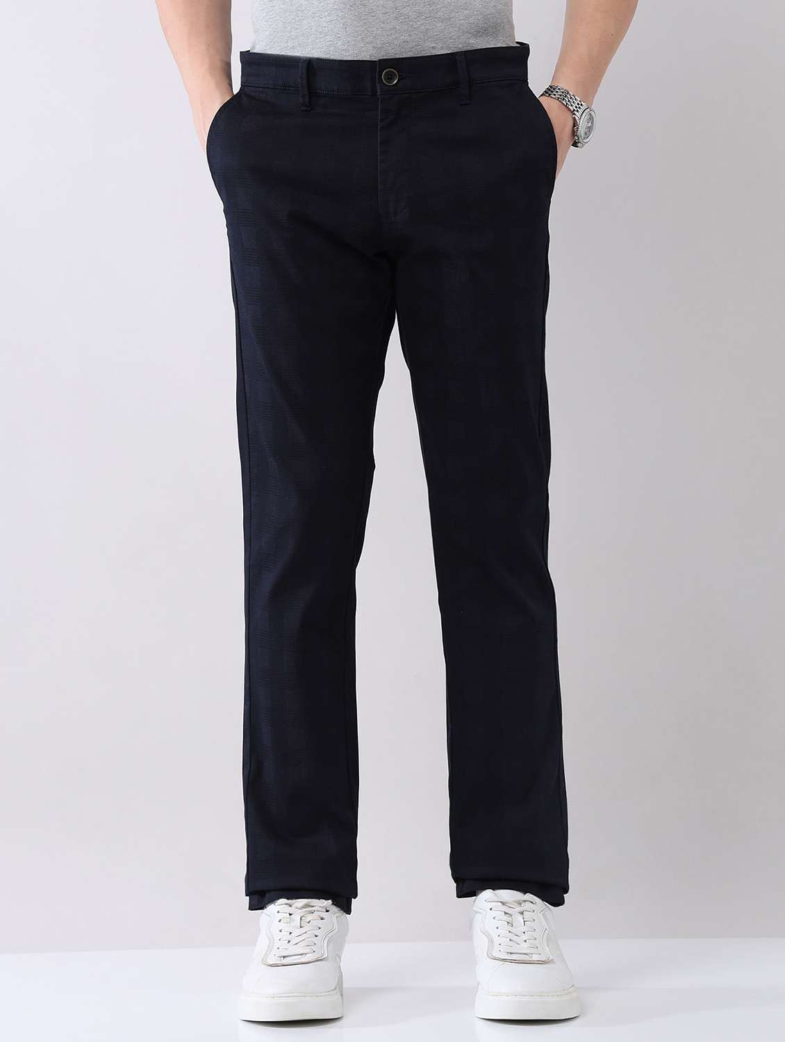 men solid mid rise flat front chinos trouser