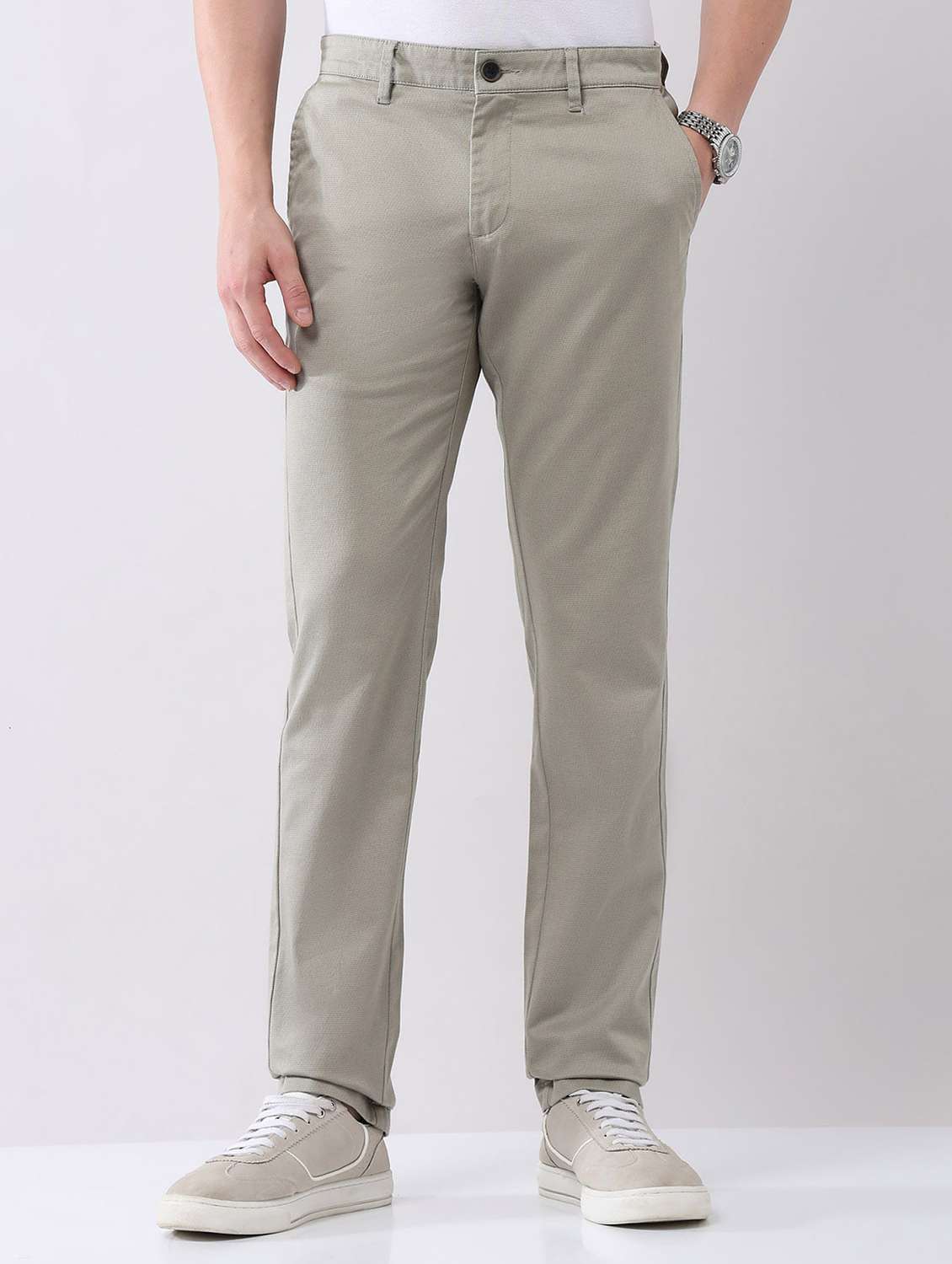 men solid mid rise flat front chinos trouser