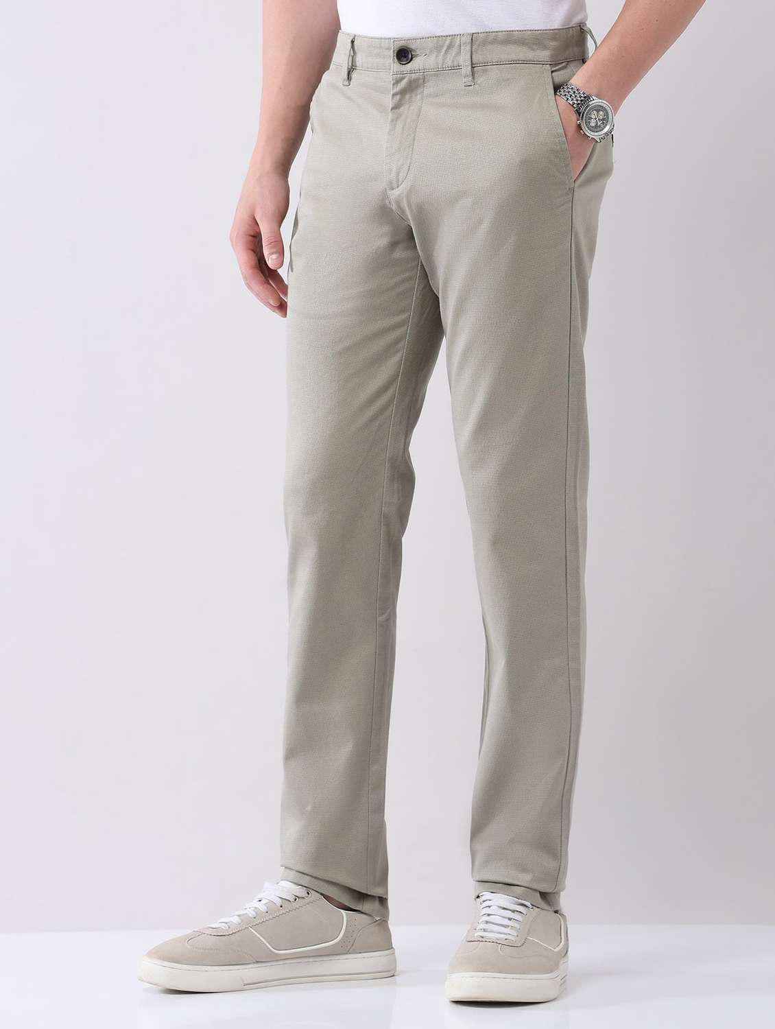 men solid mid rise flat front chinos trouser - 22092319 - Standard Image - 2