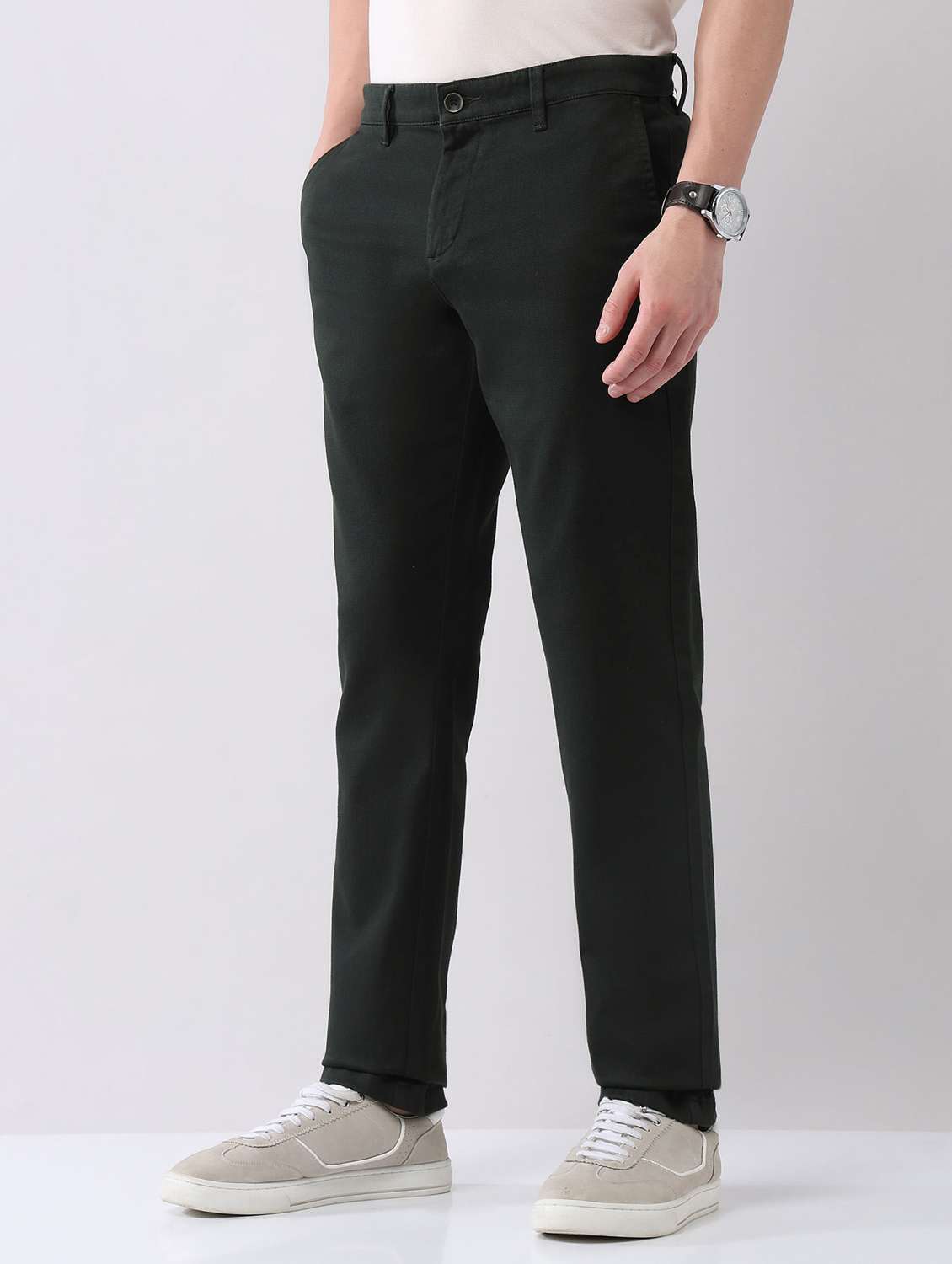 men solid mid rise flat front chinos trouser - 22092320 - Standard Image - 2