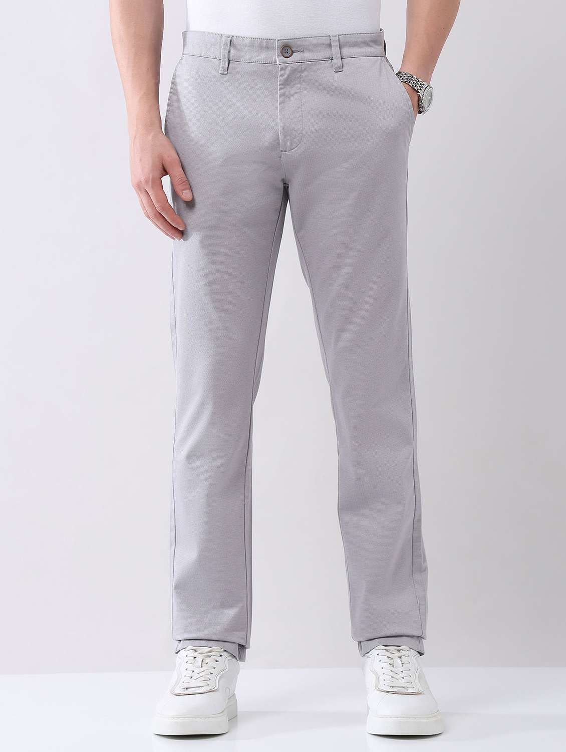 men solid mid rise flat front chinos trouser