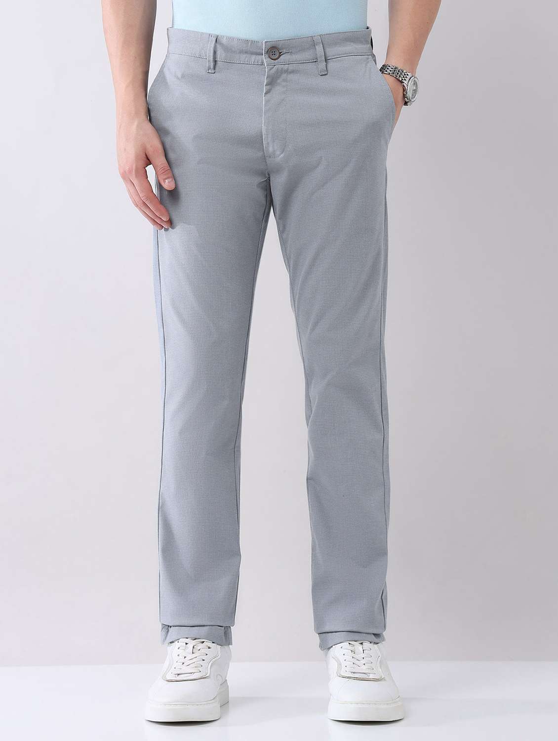 men solid mid rise flat front chinos trouser