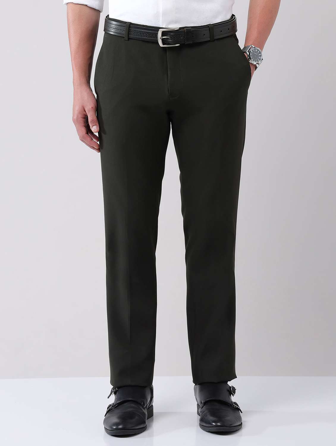 men solid mid rise flat front formal trouser