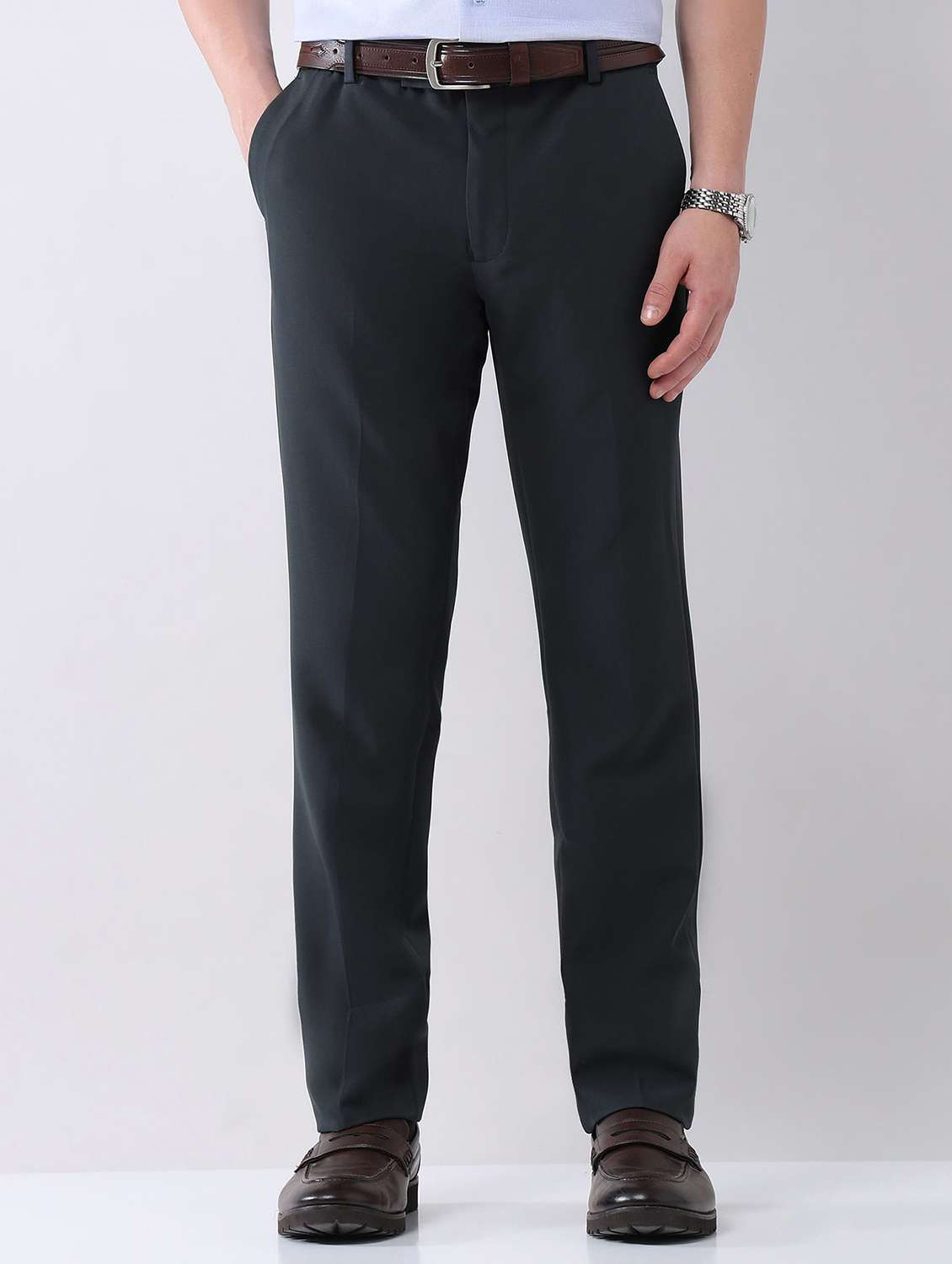 men solid mid rise flat front formal trouser