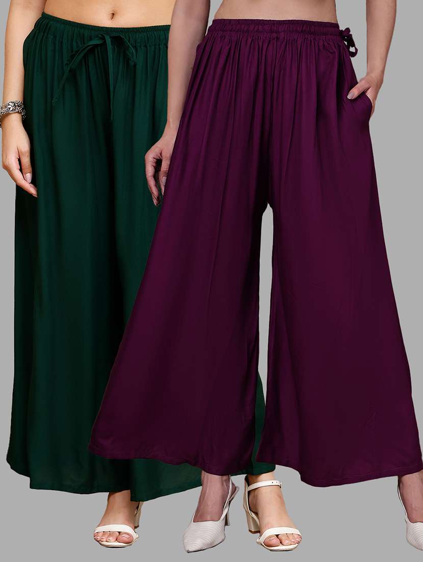 women pack of 2 solid mid rise flared palazzo