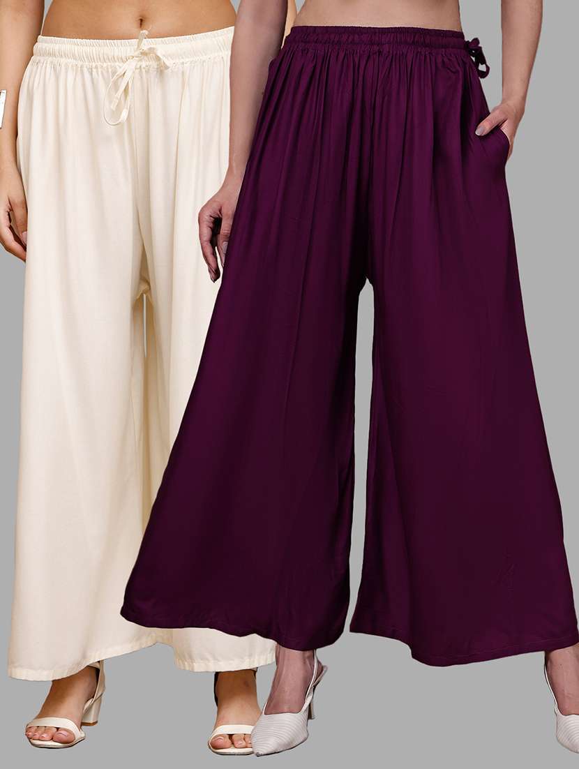 women pack of 2 solid mid rise flared palazzo