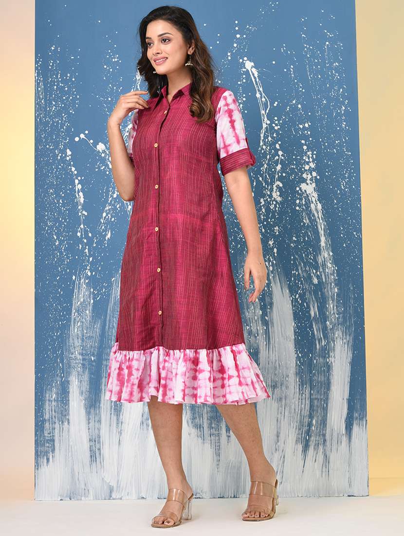 women self design roll up sleeve a-line ethnic dress - 22092632 -  Standard Image - 2