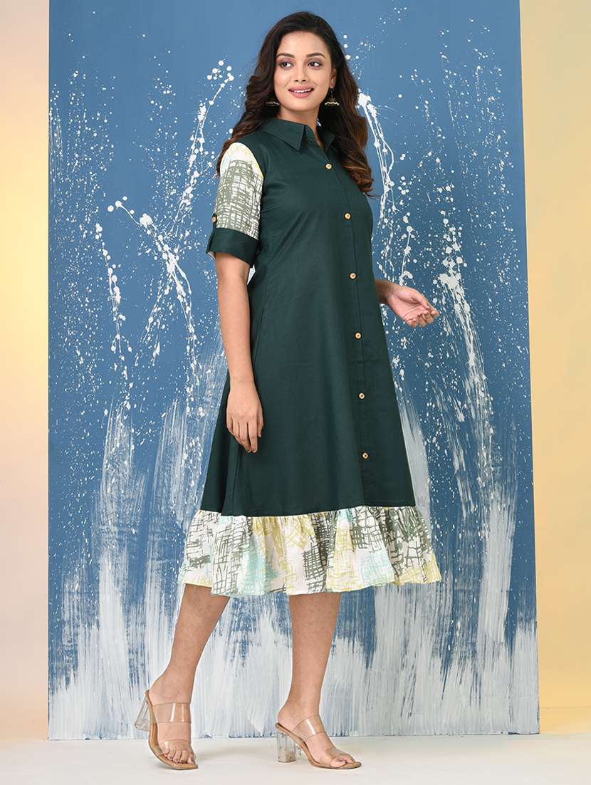 women solid roll up sleeve a-line ethnic dress - 22092633 -  Standard Image - 2