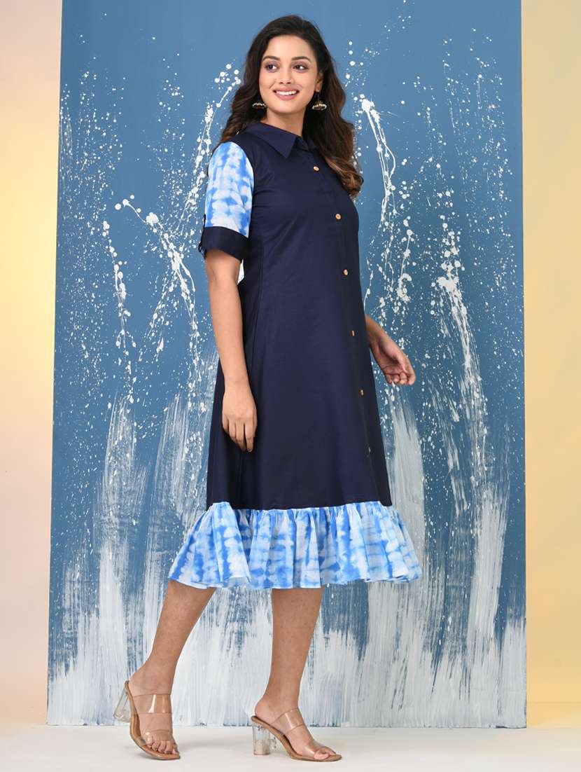 women solid roll up sleeve a-line ethnic dress - 22092634 -  Standard Image - 2