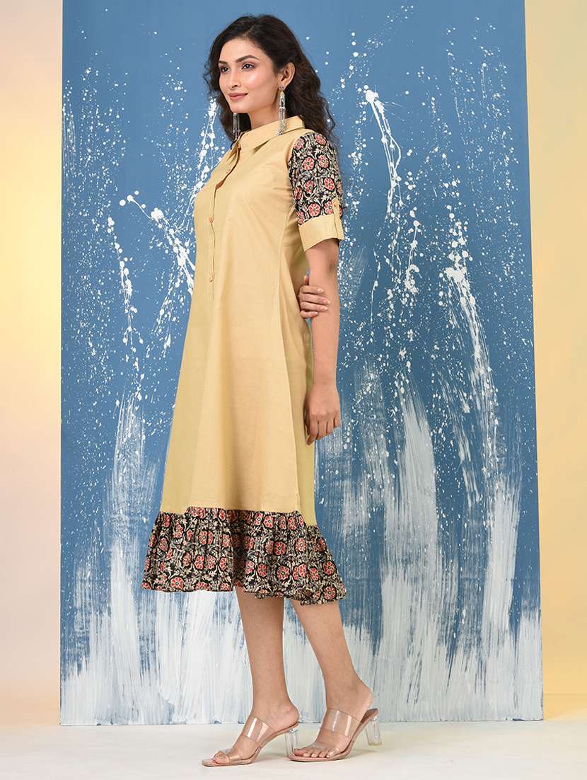 women solid roll up sleeve a-line ethnic dress - 22092636 -  Standard Image - 2