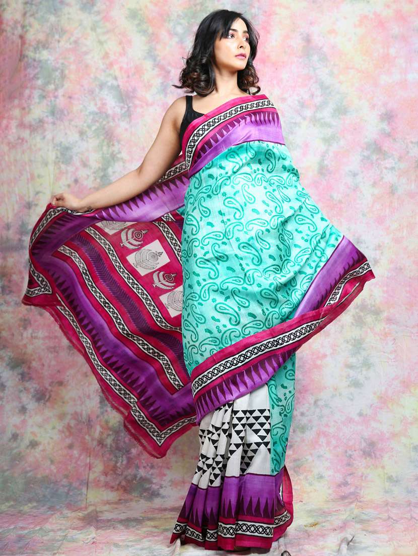 women paisley printed handloom saree with blouse