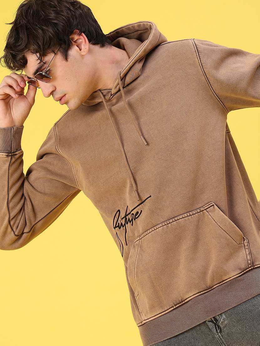 brown fleece hooded printed men men solid long sleeve hooded sweatshirt