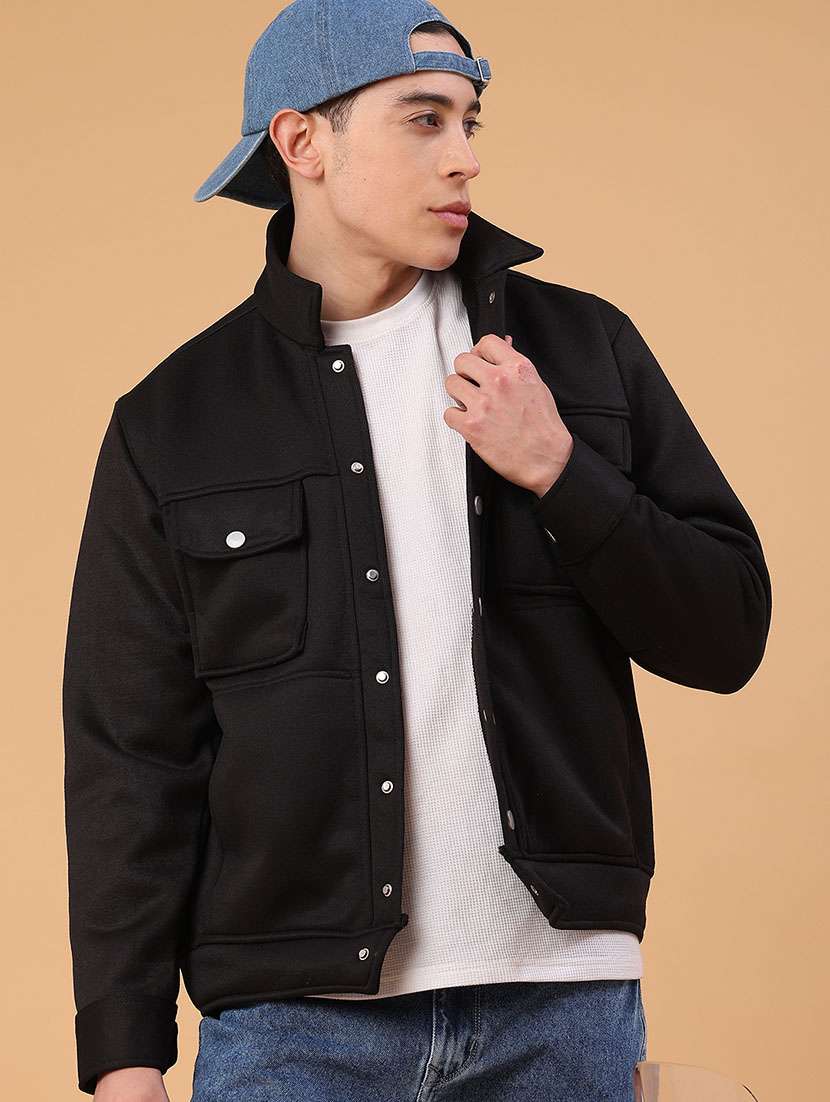 men solid collared long sleeve shacket