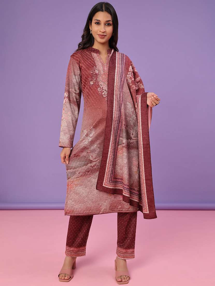 women self design long sleeve kurta pant with dupatta set