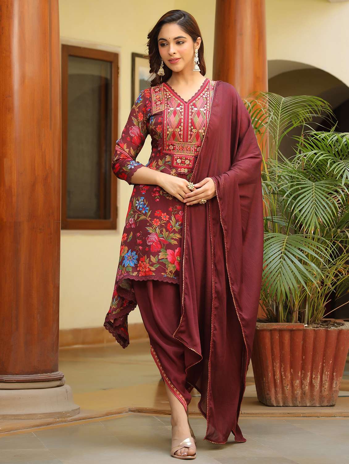 women embroidered three quarter sleeve dhoti kurta with dupatta set