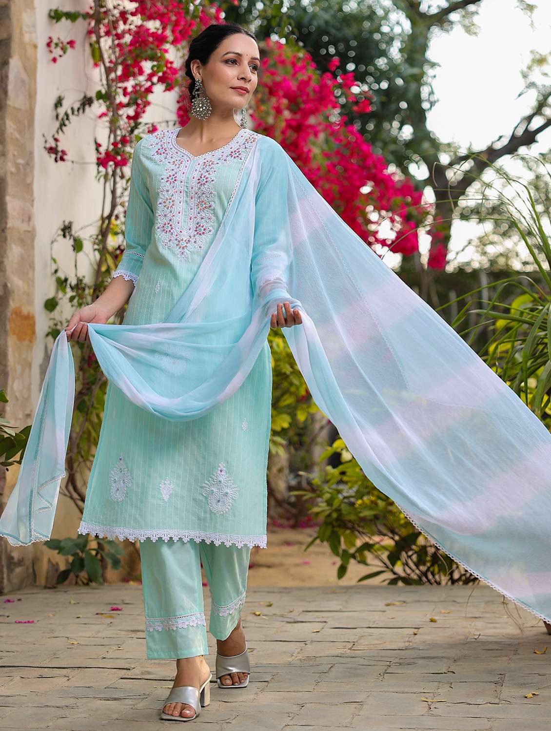women embroidered three quarter sleeve kurta pant with dupatta set