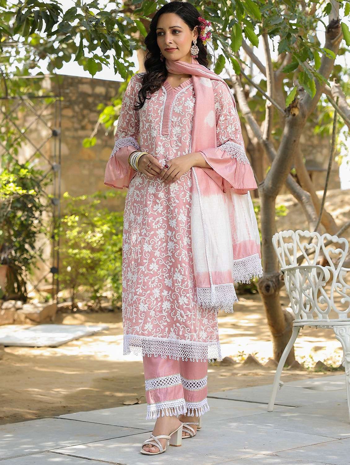 women embroidered three quarter sleeve kurta pant with dupatta set - 22093236 - Standard Image - 2