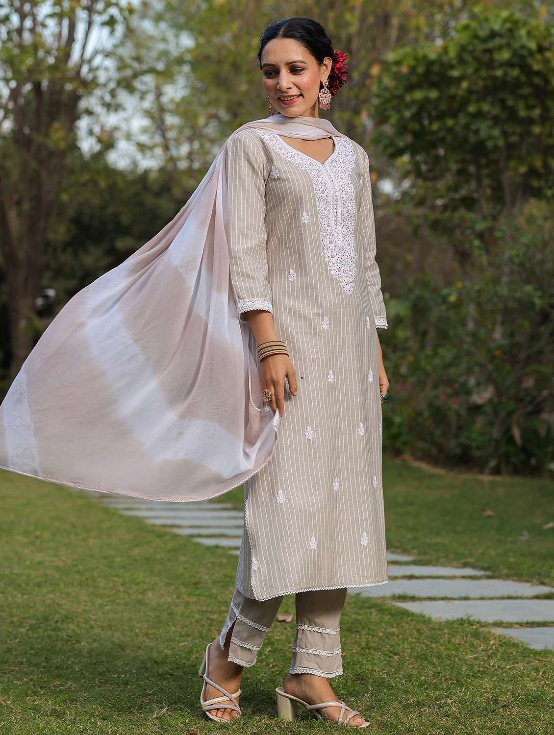 women embroidered three quarter sleeve kurta pant with dupatta set - 22093238 - Standard Image - 2