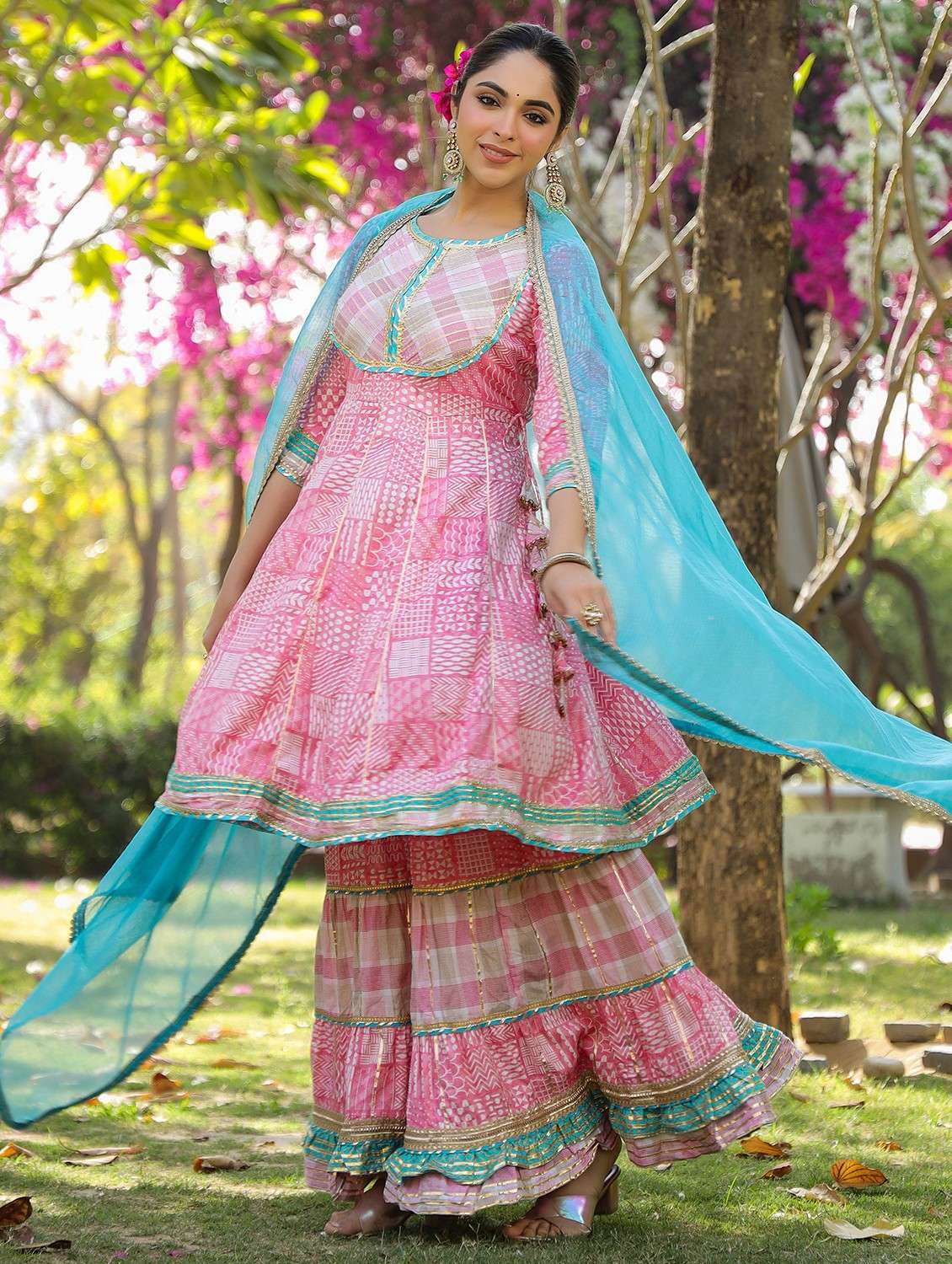 women embroidered three quarter sleeve kurta sharara with dupatta set - 22093240 - Standard Image - 2