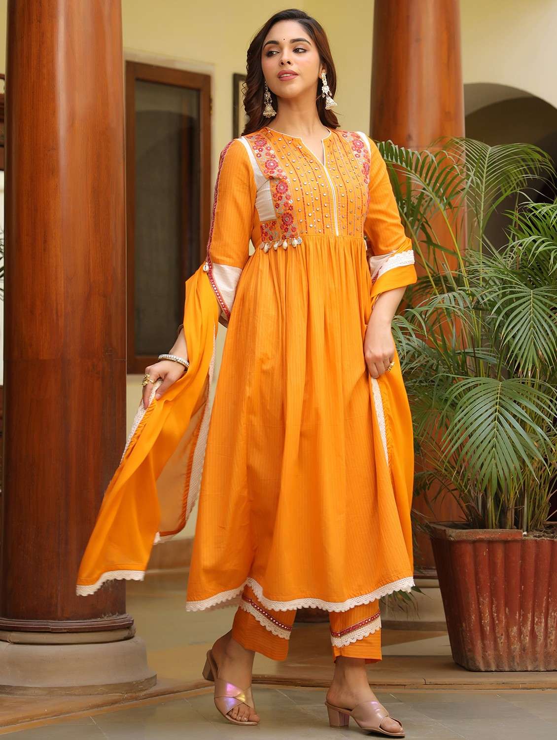 women embroidered three quarter sleeve kurta pant with dupatta set - 22093242 - Standard Image - 2