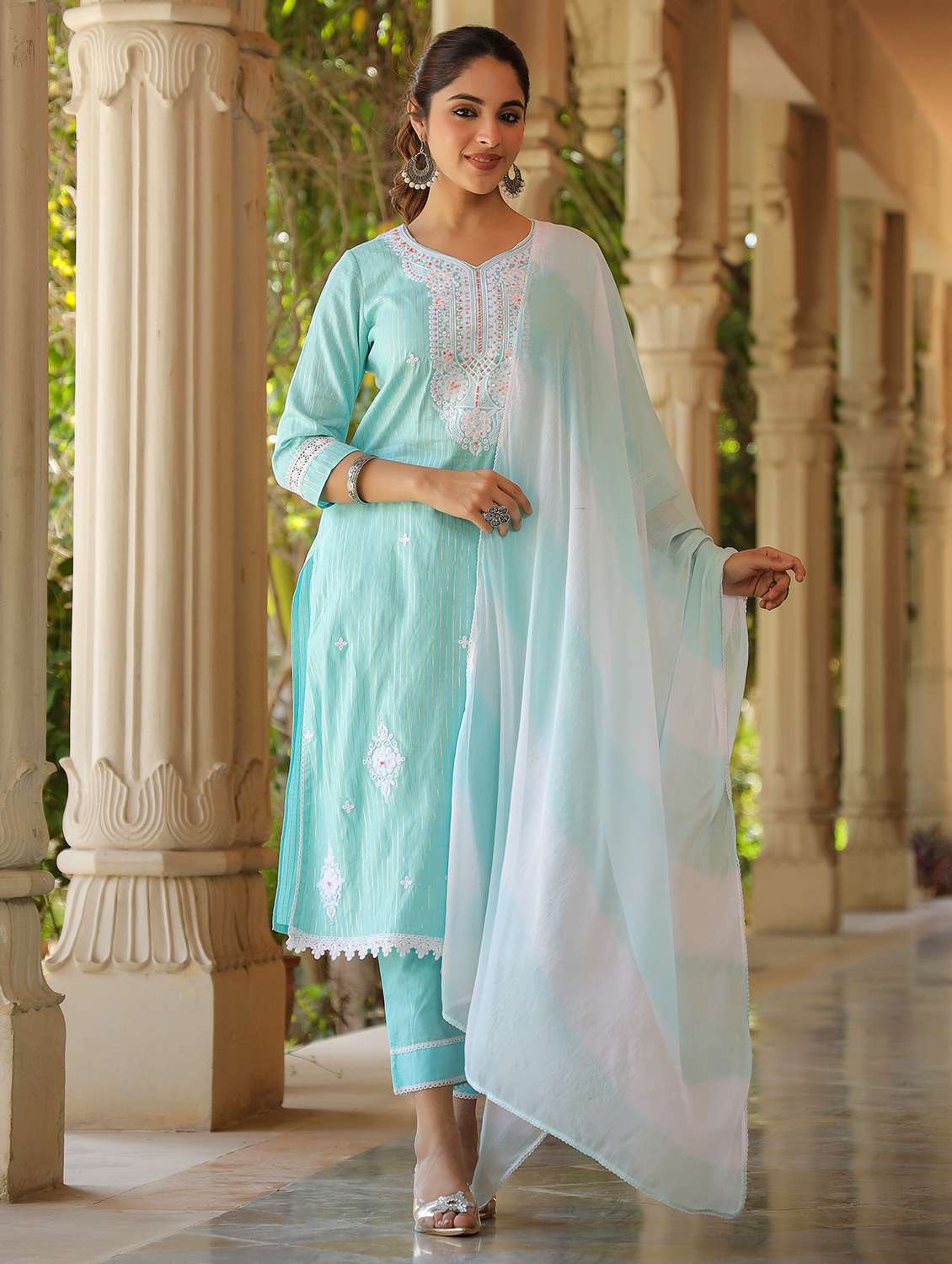 women embroidered three quarter sleeve kurta pant with dupatta set - 22093244 -  Zoom Image - 0