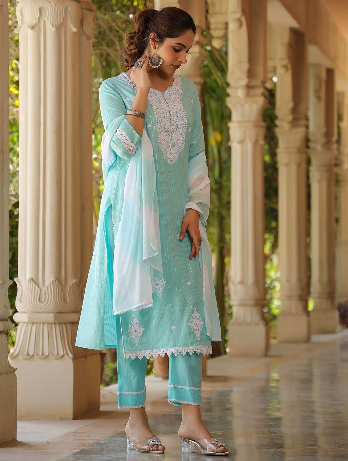 women embroidered three quarter sleeve kurta pant with dupatta set - 22093244 - Standard Image - 2