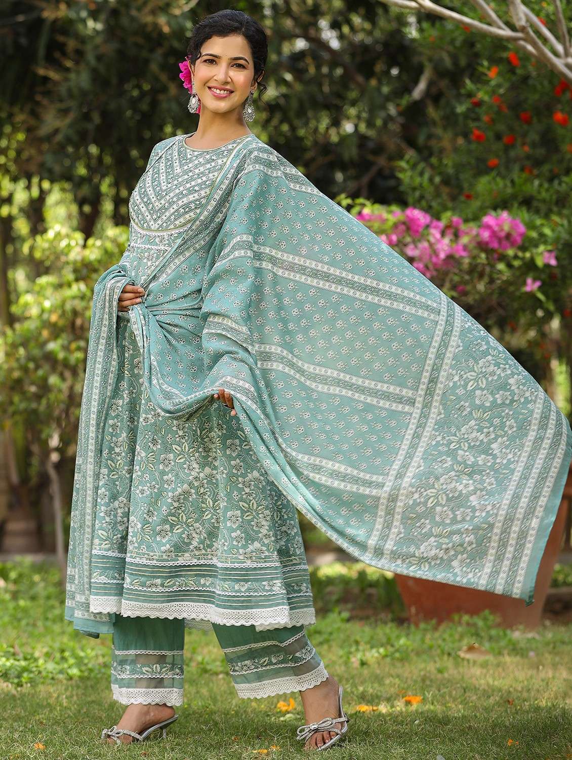 women embroidered three quarter sleeve kurta pant with dupatta set - 22093248 -  Standard Image - 2