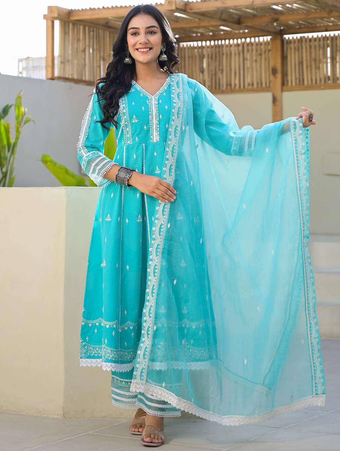 women embroidered three quarter sleeve kurta pant with dupatta set