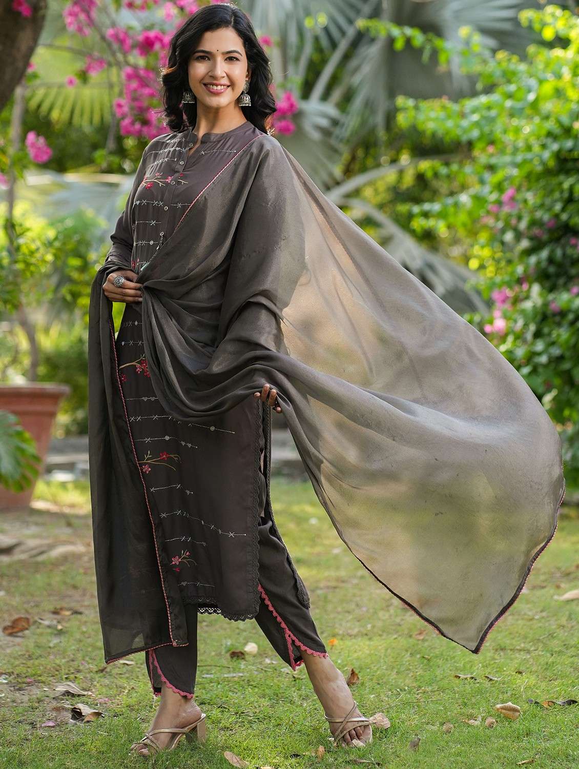 women embroidered three quarter sleeve kurta pant with dupatta set - 22093252 - Standard Image - 2