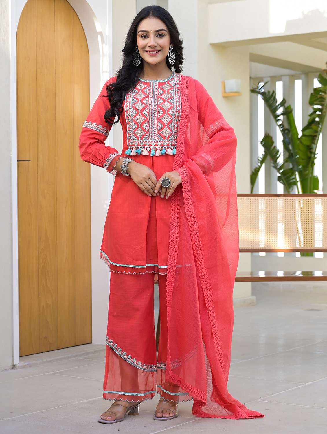 women embroidered long sleeve kurta pant with dupatta set