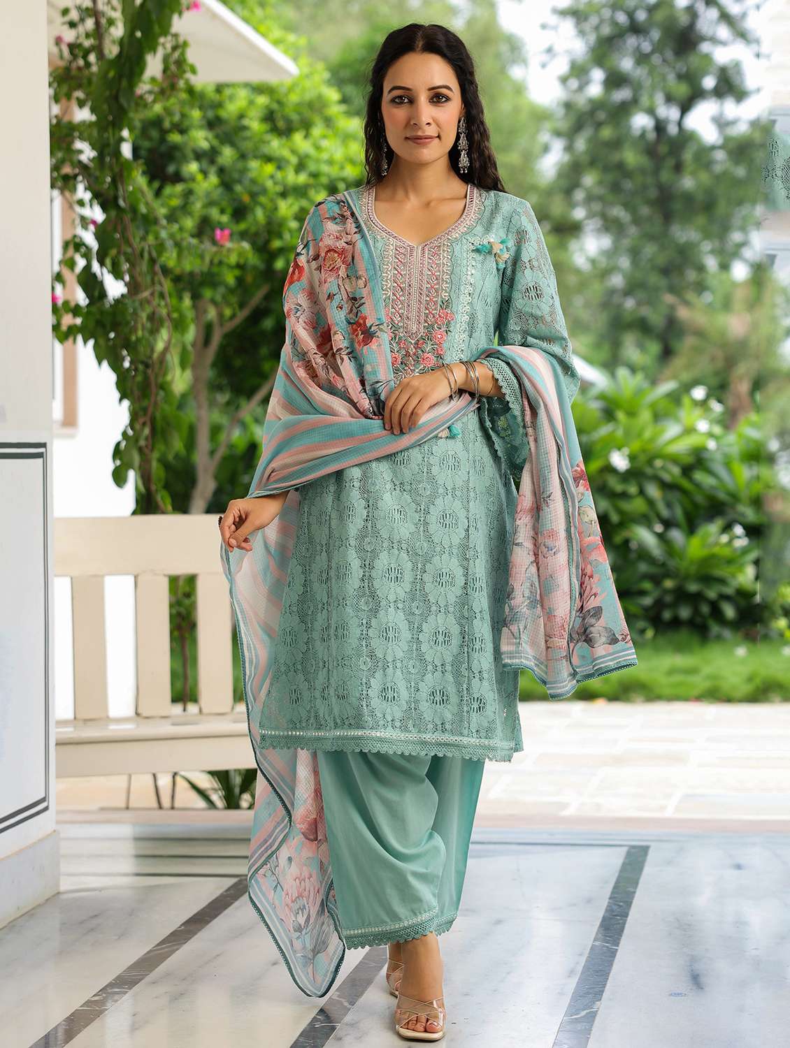 women embroidered long sleeve kurta pant with dupatta set