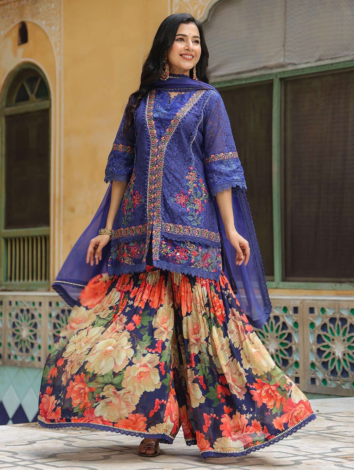 women embroidered three quarter sleeve kurta sharara with dupatta set - 22093257 - Standard Image - 2