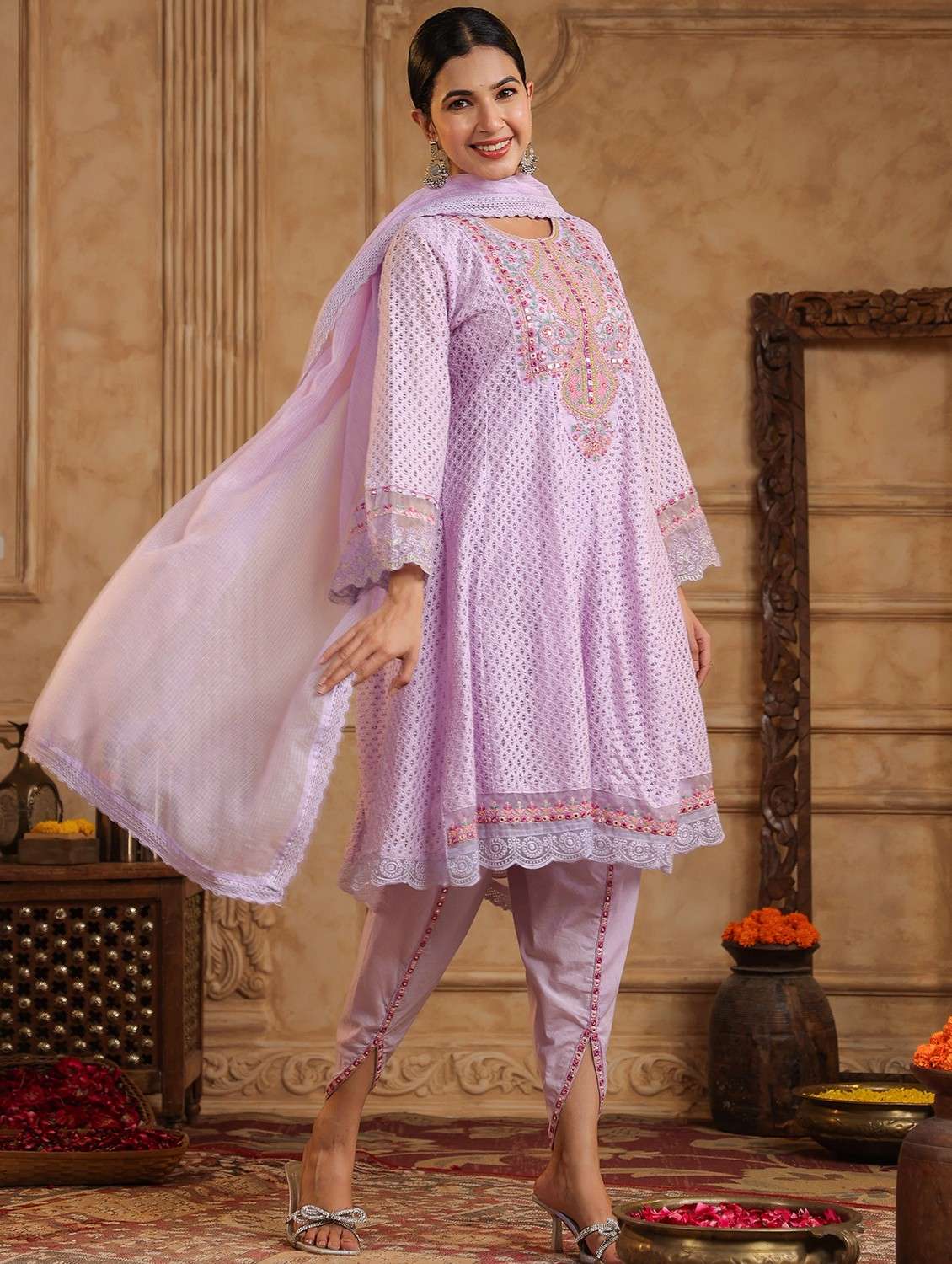 women embroidered three quarter sleeve kurta pant with dupatta set - 22093265 -  Standard Image - 2
