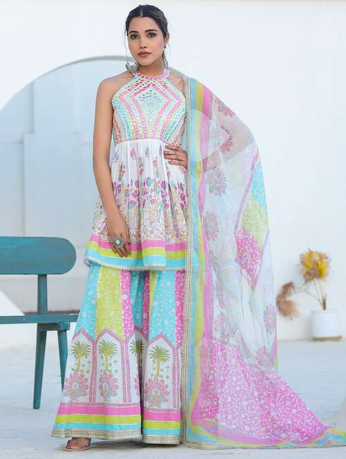 women embroidered sleeveless kurta sharara with dupatta set