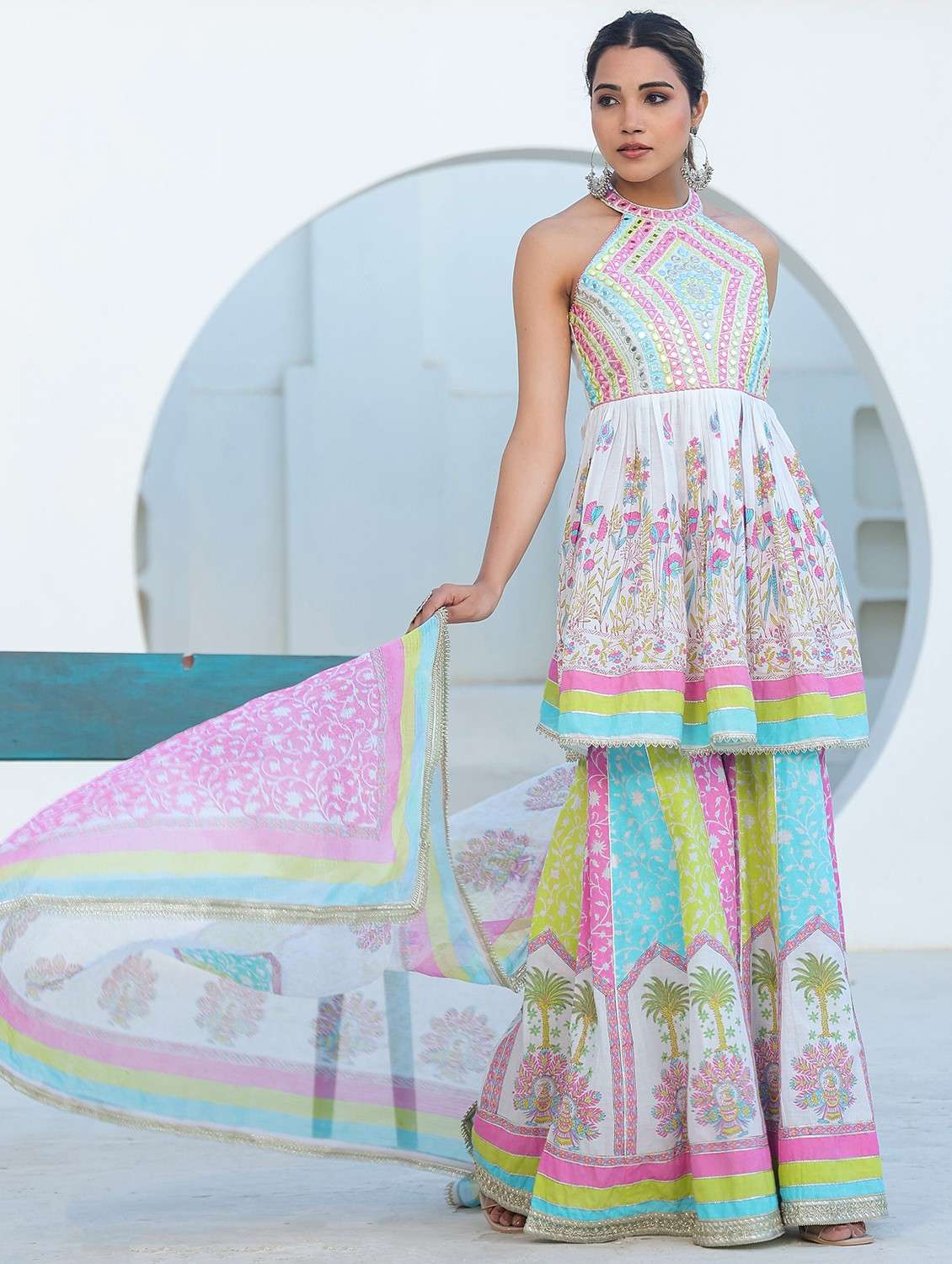 women embroidered sleeveless kurta sharara with dupatta set - 22093274 - Standard Image - 2