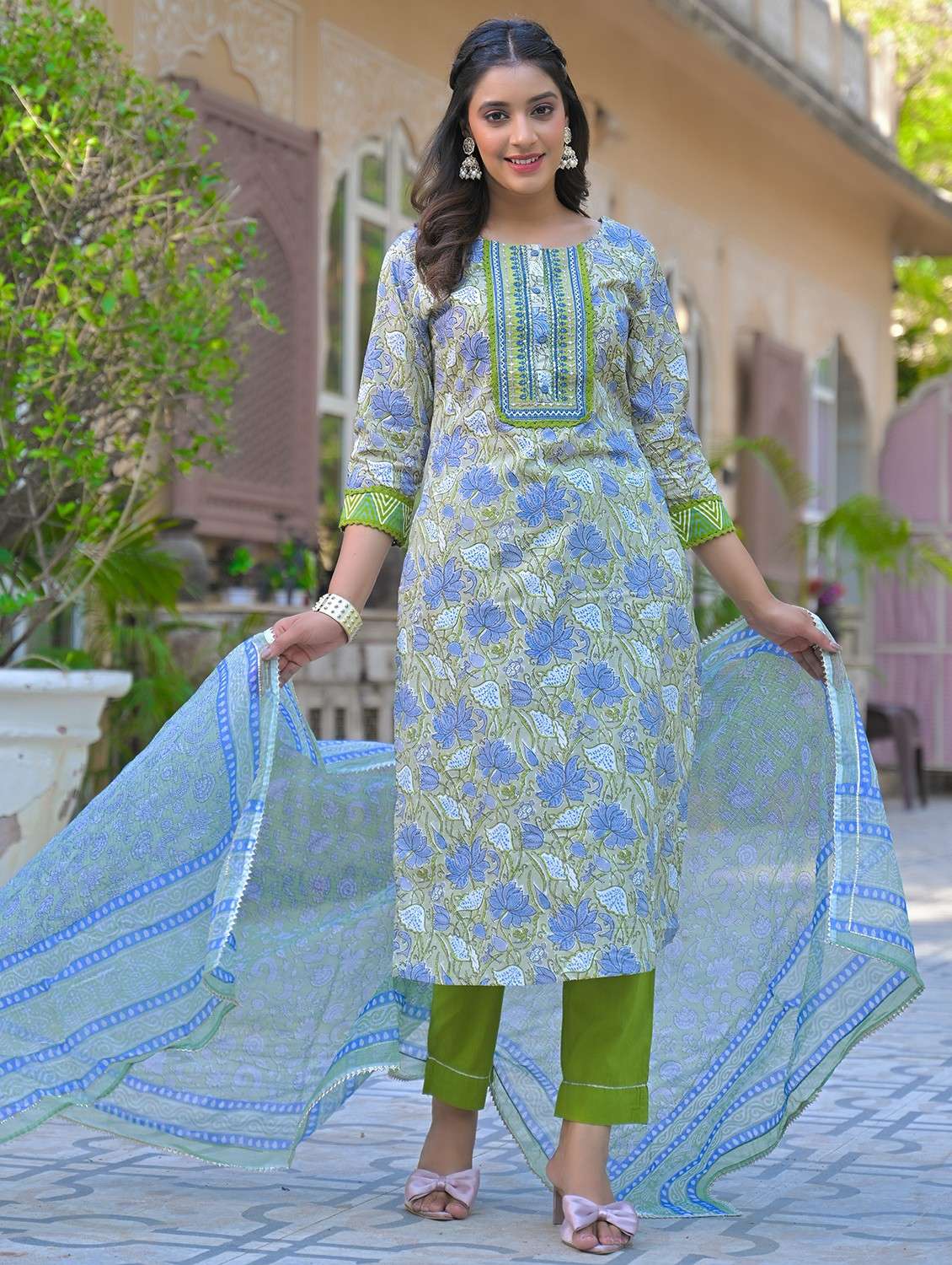 women embroidered three quarter sleeve kurta pant with dupatta set - 22093281 - Standard Image - 2