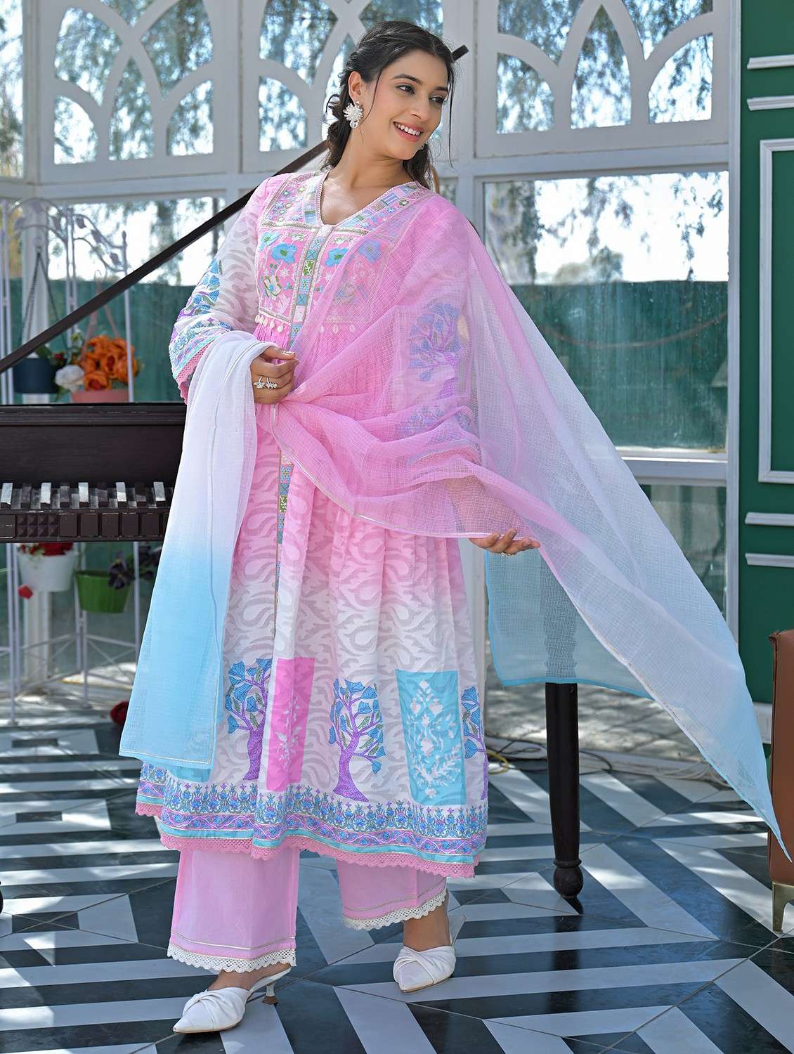 women embroidered three quarter sleeve kurta pant with dupatta set - 22093282 - Standard Image - 2