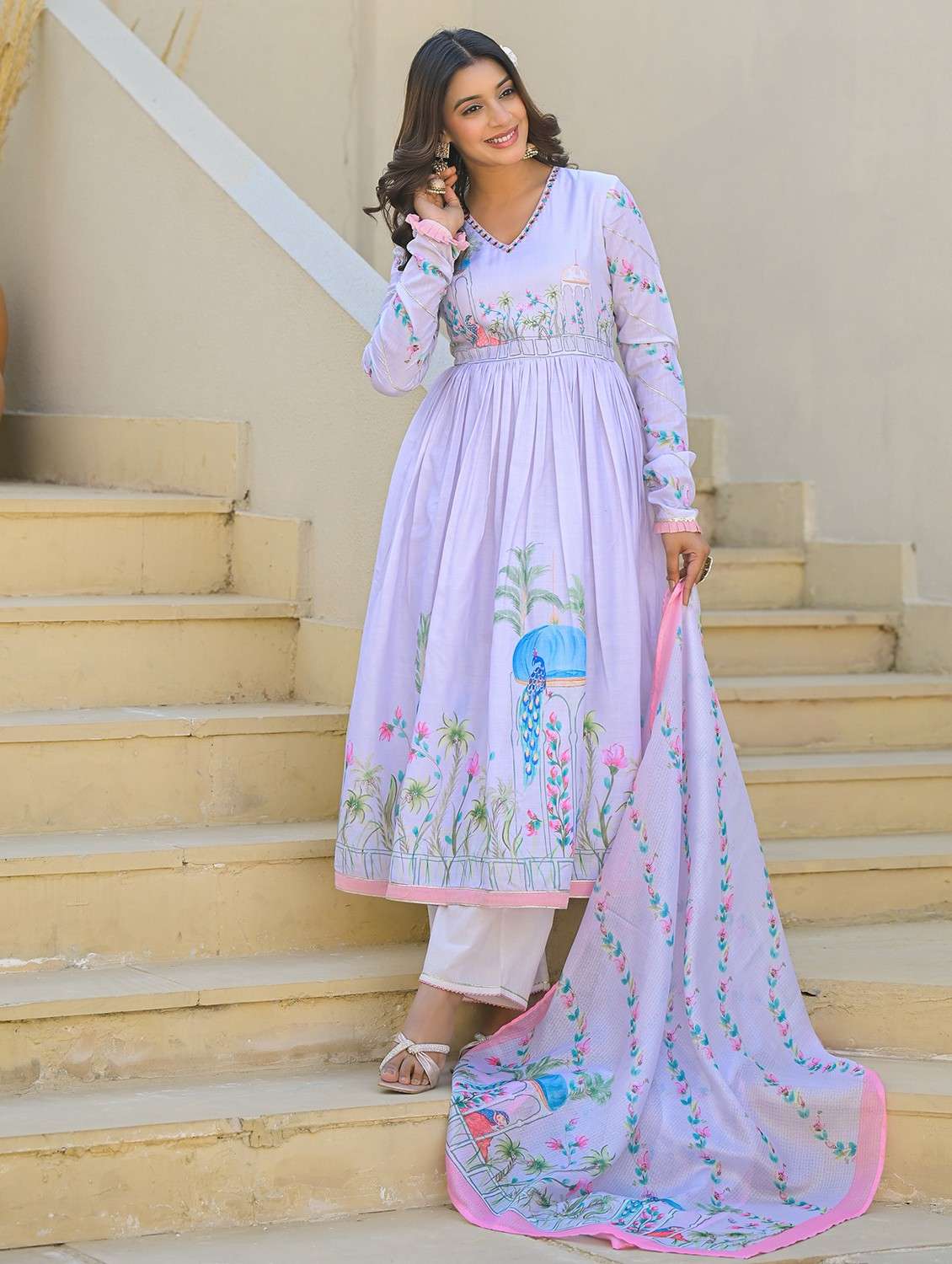 women printed long sleeve kurta pant with dupatta set - 22093286 - Standard Image - 2